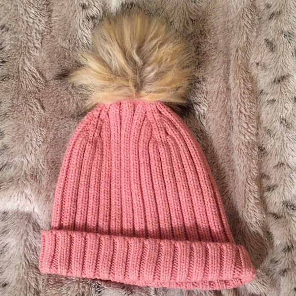 J. Crew Pink and Cream Ribbed Knit Hat with Faux Fur Pom-Pom - Picture 7 of 11
